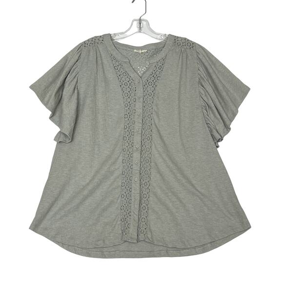 Easel Flutter Sleeve Button Up Lace Top Gray Womens Large - Picture 1 of 12
